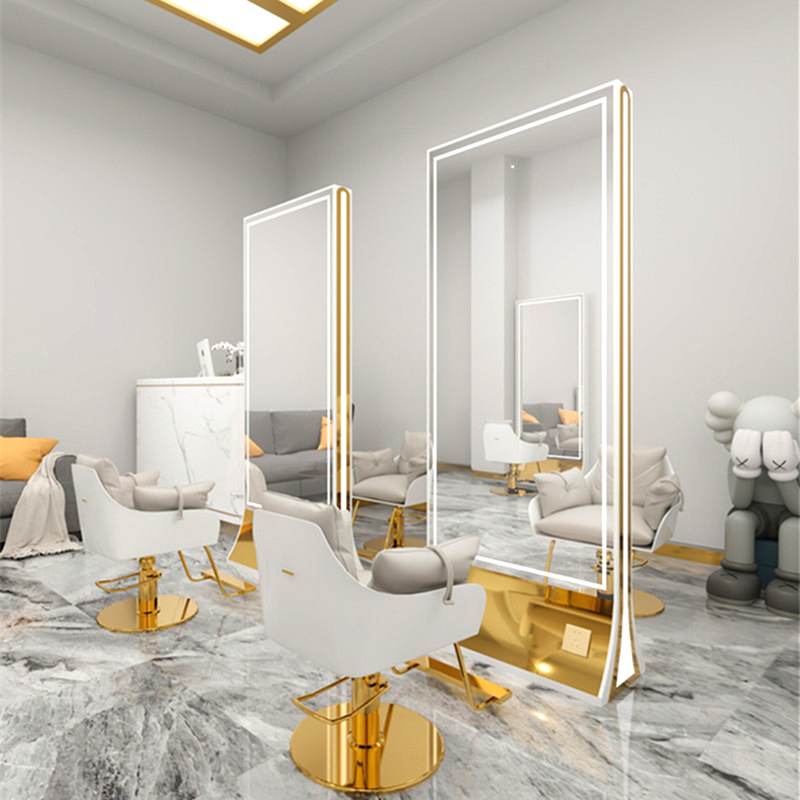 Barber shop mirror table hair salon dedicated net red stainless steel floor mirror with light hairdressing shop single double-sided mirror hair cutting mirror