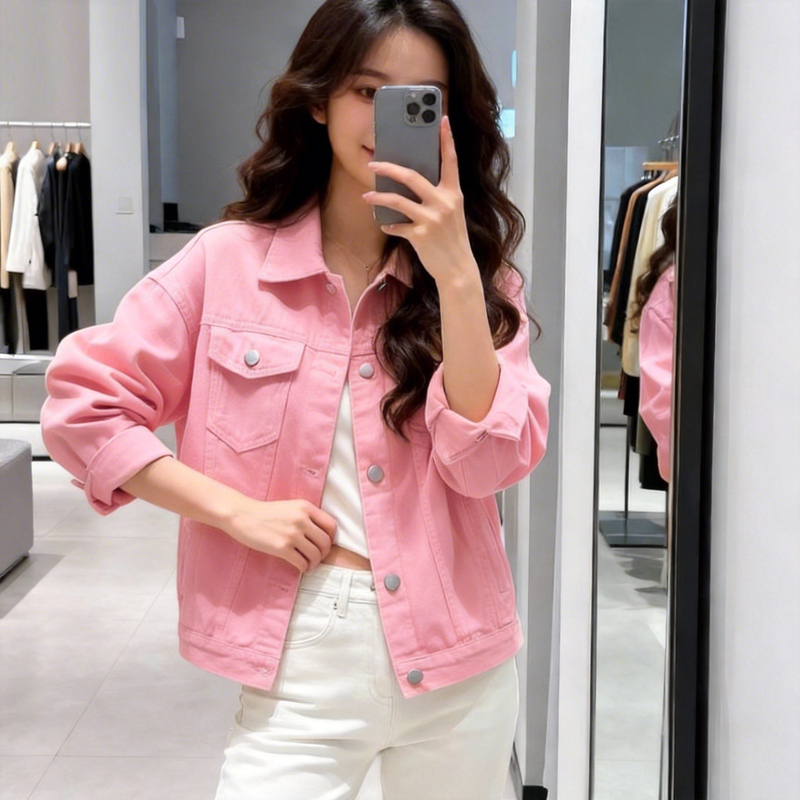 Women's Short Denim Jacket, Plus Size, Spring and Autumn 2026 New Style, Petite Jacket, Pink and White, Fashionable and Youthful