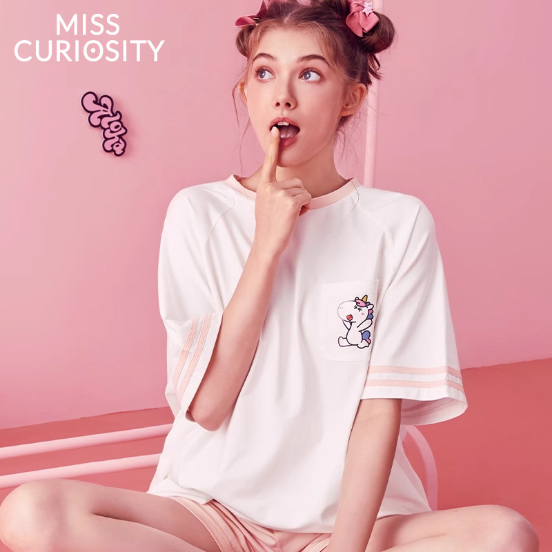 Curious Honeyls Cute Cotton Pyjamas Lady Summer Short Sleeve Blouse Two-piece Home Cell Suit Suit Extractable-Taobao