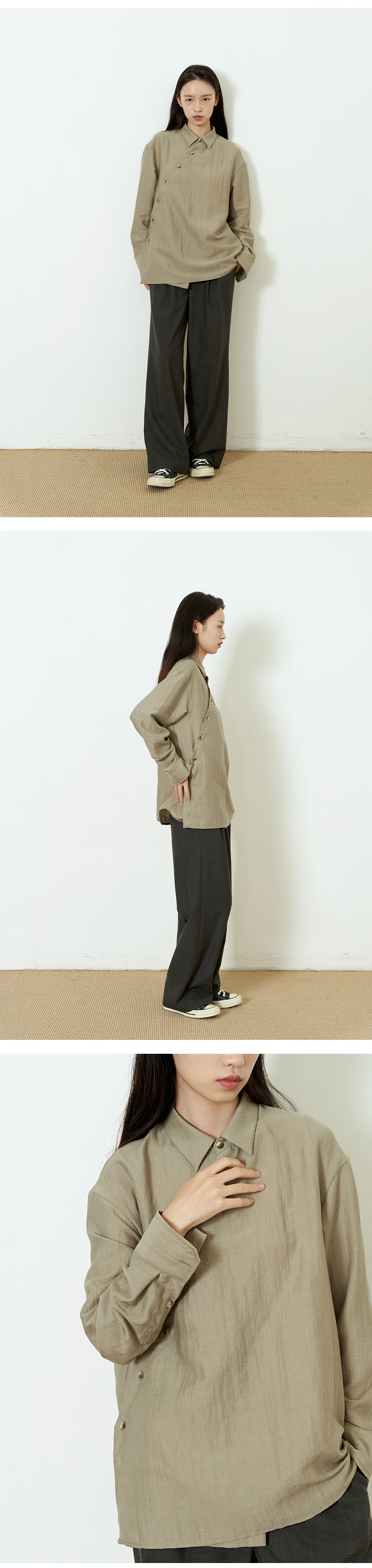 Glossy gray lake green slanted placket multi-button long-sleeved shirt tea service SH210601 - เสื้อเชิ้ตผู้หญิง - ผ้าฝ้าย/ผ้าลินิน สีกากี