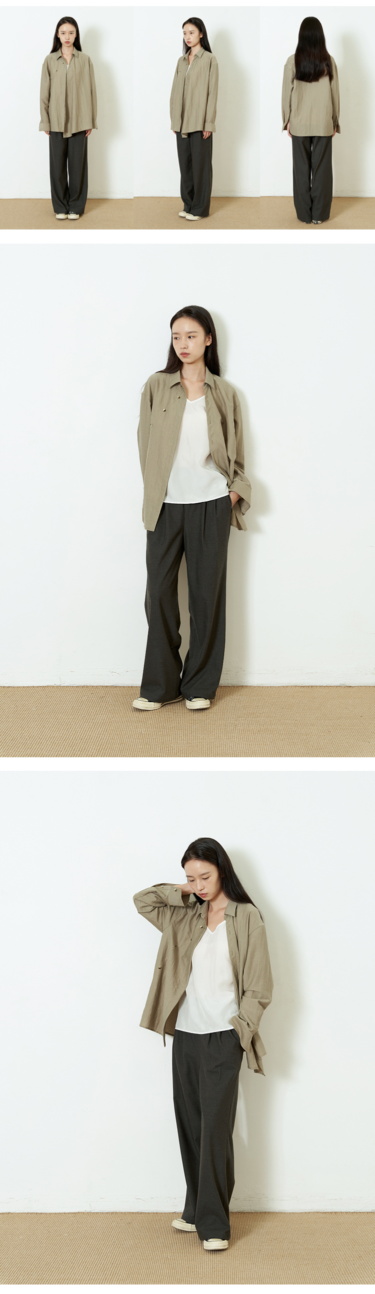 Glossy gray lake green slanted placket multi-button long-sleeved shirt tea service SH210601 - เสื้อเชิ้ตผู้หญิง - ผ้าฝ้าย/ผ้าลินิน สีกากี