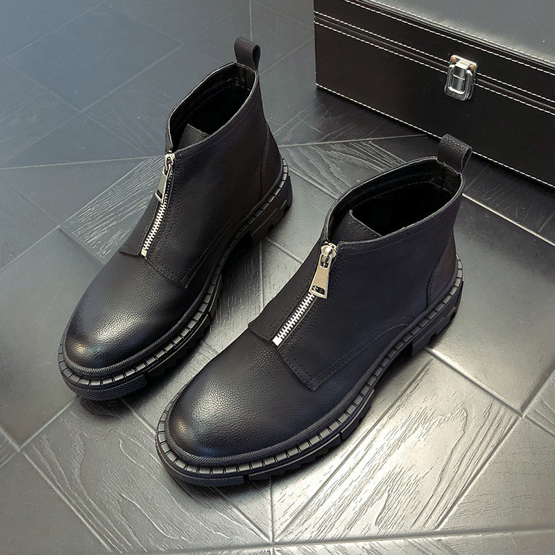 Round-headed black high-cylinder shoes male British Martin boots autumn and winter casual Han hair stylist men zip shoes tide