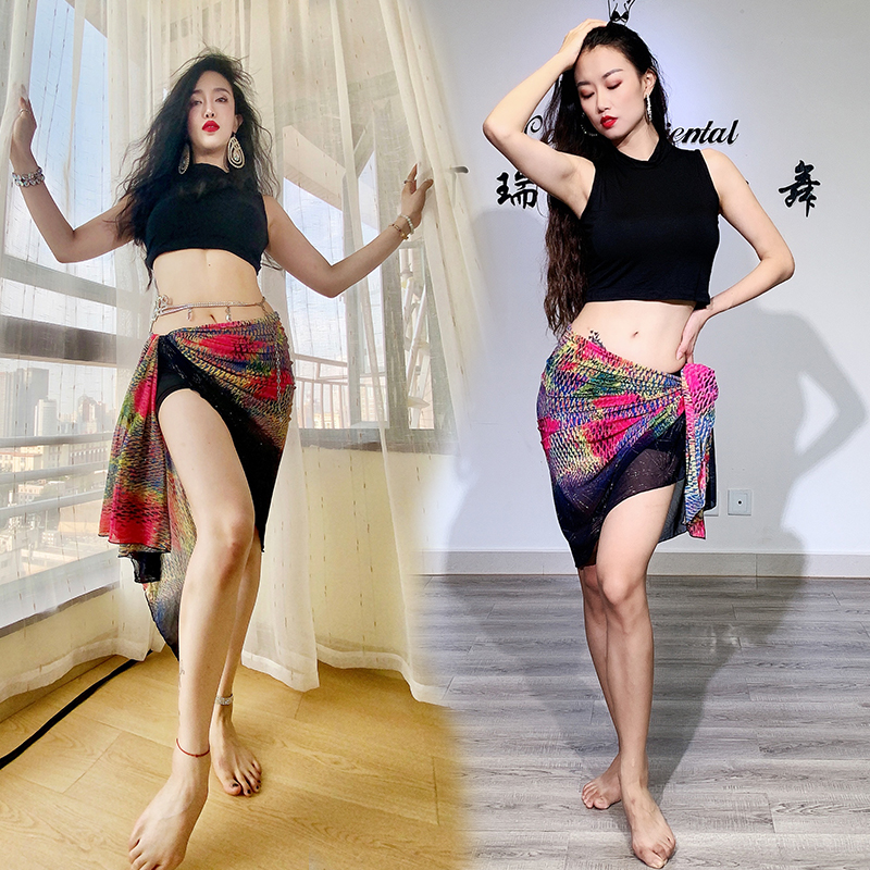 SWEGAL belly dance practice clothes practice clothes beginner summer simple sexy comfortable sweat-absorbing bronzing color net hip towel