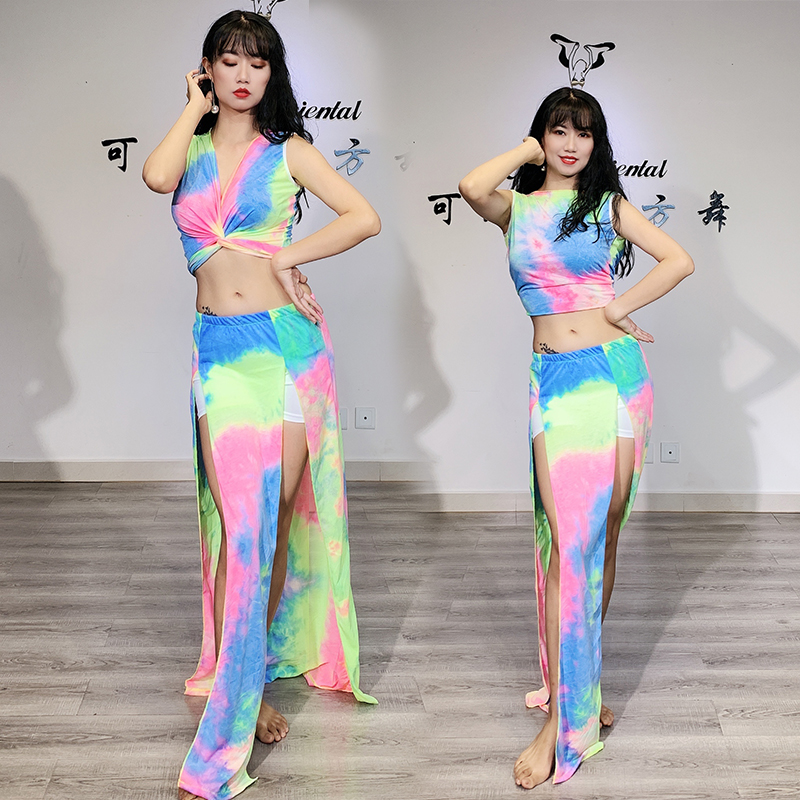 SWEGAL belly dance practice with rainbow vest with clear cabin special selling practice clothes tie blouse with other double switch fork skirt
