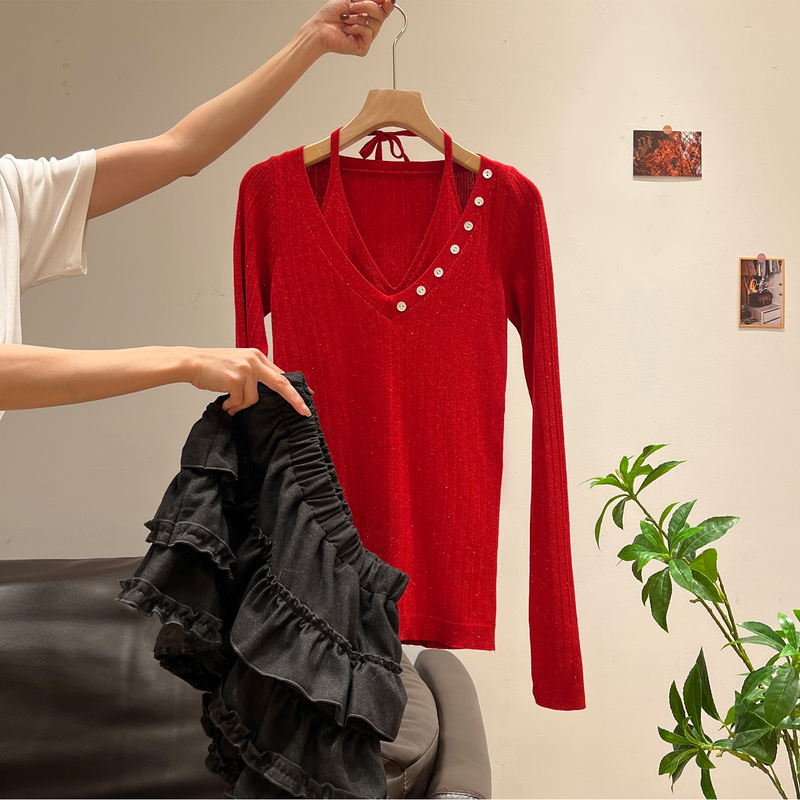 Fake Two-Piece Design Halter Neck Long-Sleeve Knit Sweater for Women, Winter Red Slim-Fit Base Layer Top, Very Stylish