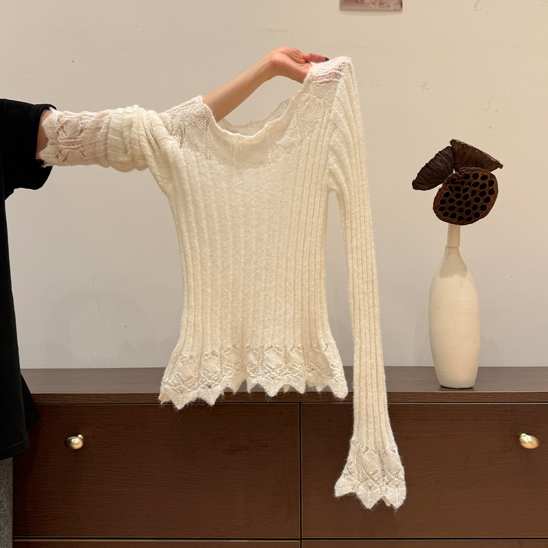 White Off-The-Shoulder Hollow-Out Flared Long-Sleeve Knit Base Shirt, New Spring Slim-Fit Top for Women