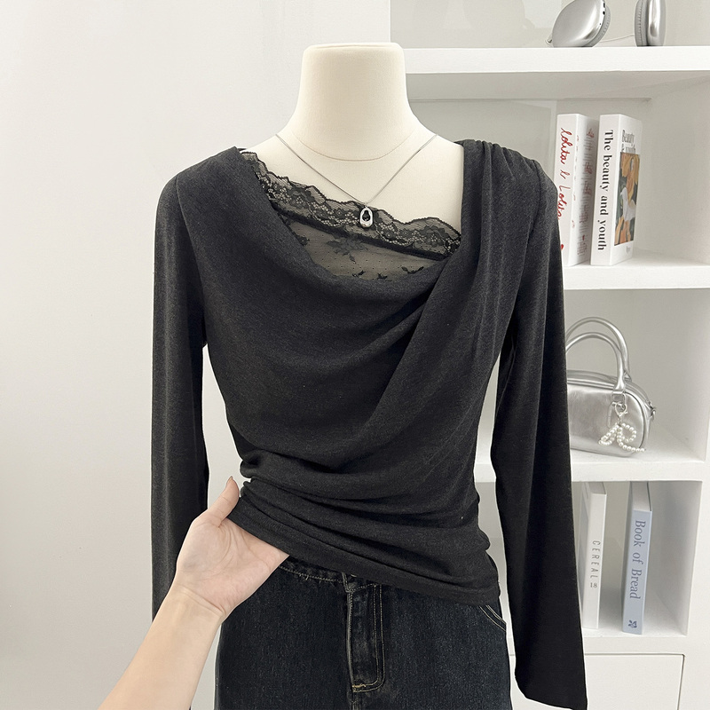 Black Lace Trim Long-Sleeve T-Shirt Base Layer 2026 Spring New Slim-Fit Inner Wear Top for Women