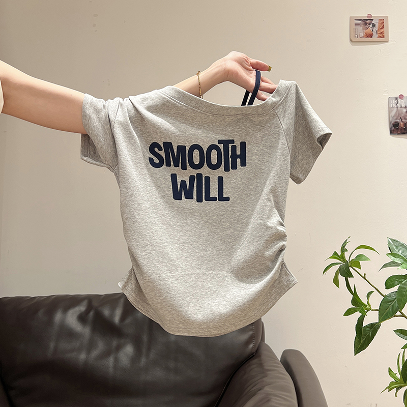 2026 Gray Letter Print Off-Shoulder Short-Sleeve T-Shirt Summer Women's Fake Two-Piece Ruched Slimming Top