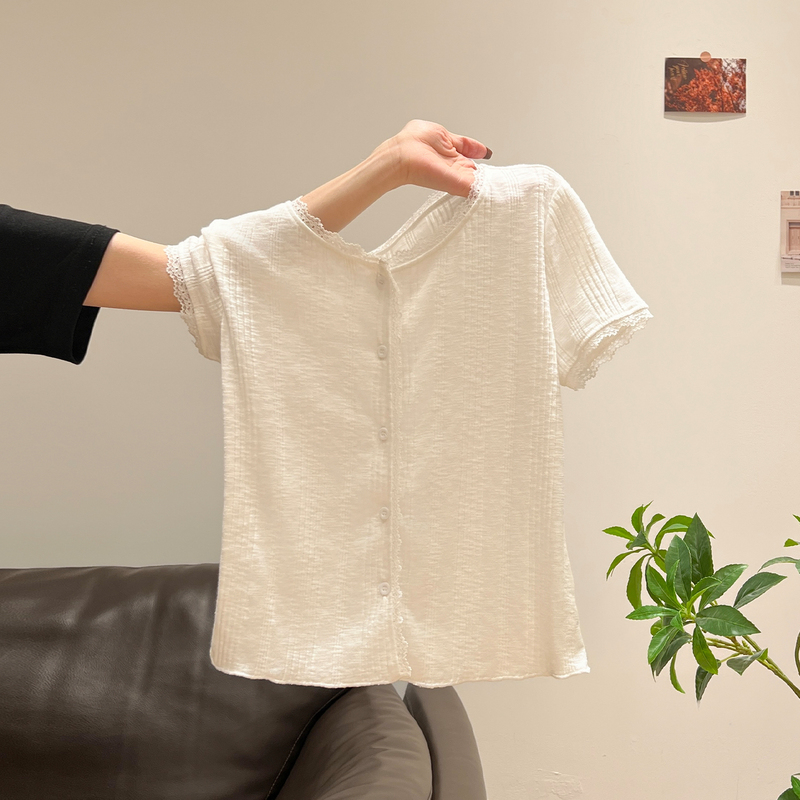 Korean Style Casual White Lace-Trimmed Thin Short-Sleeved T-Shirt 2026 Spring and Summer New Cardigan Short Versatile Top for Women