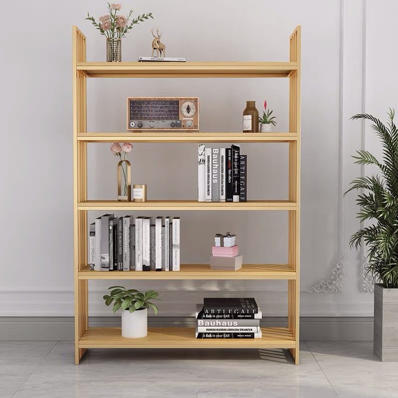 Nordic wrought iron rack simple storage rack floor light luxury bookshelf solid wood shelf rack golden living room display rack