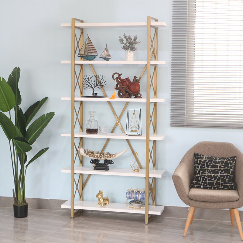 Nordic wrought iron rack simple storage shelf floor creative bookshelf solid wood partition rack golden living room display rack