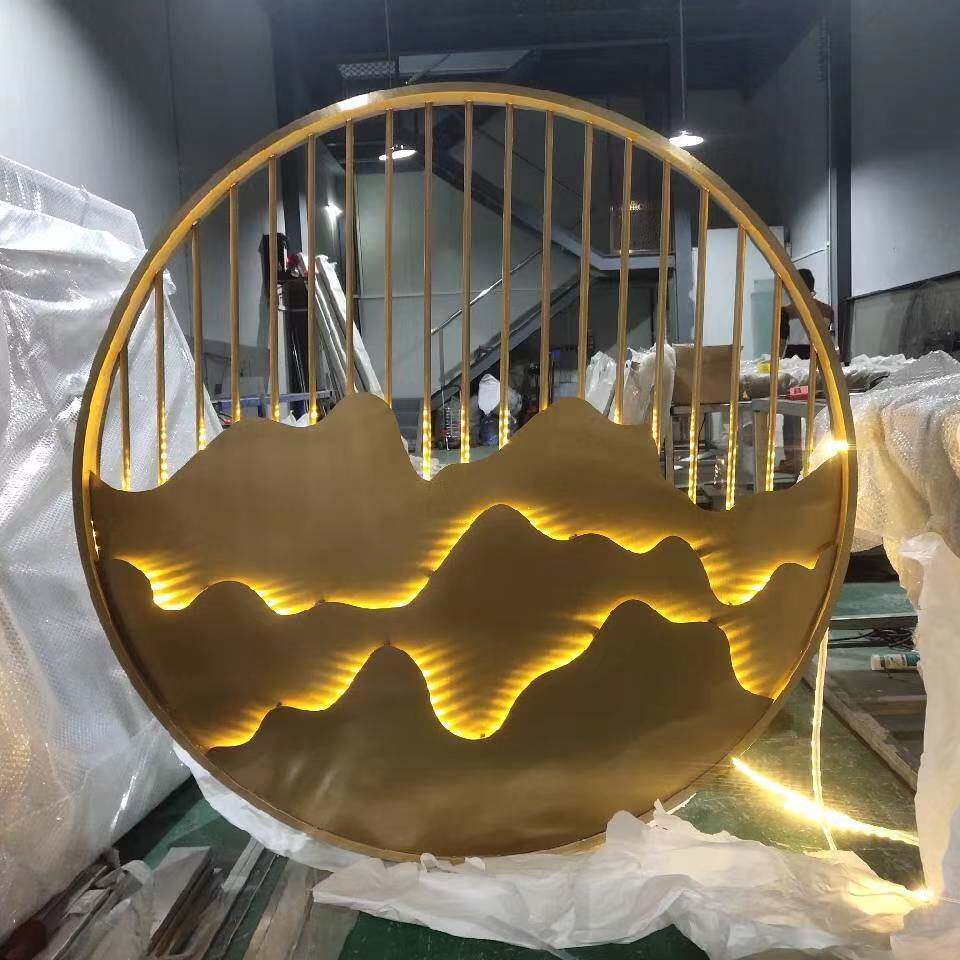 Stainless Steel Round Screen Custom Partition Hotel Lobby Decoration Grilles Round Landscape Painting Fake Mountain Background Wall