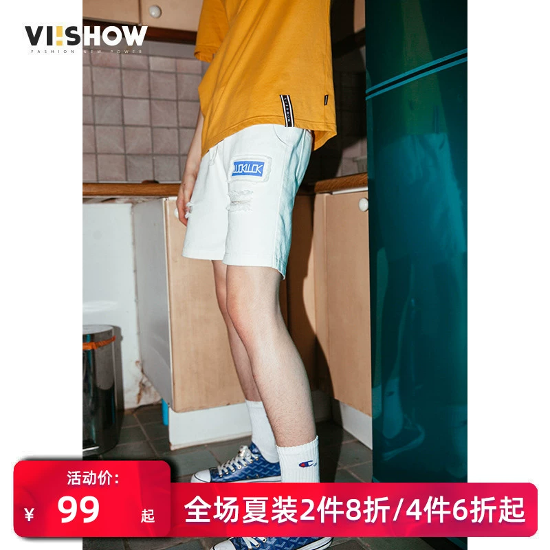 quần short denim mùa hè viishow nam thương hiệu thủy triều rách quần năm điểm quần lỏng lẻo Hàn Quốc - Quần short