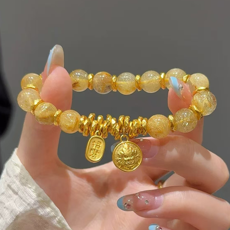 High-End Light Luxury Citrine Wealth-Attracting Bracelet for Women, Ancient-Style Imitation Gold Coiled Fortune Pendant Bracelet That Does Not Fade