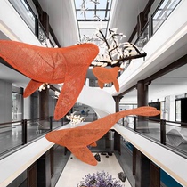 Stainless steel hollow suspended whale sculpture grid dolphin hotel sales office aquarium restaurant hanging decorations