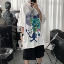 Mr. Short-sleeved male dark anime spoof print T-shirt mourning is lazy wind loose casual shirt