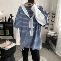 Mr. College Wind Small Shawl Design Blue Striped Short Sleeve T-shirt Men Summer Loose Round Neck base shirt