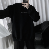 Mr. Short self-made 2021 new original letter sweater mens round neck pullover loose harbor style plus velvet top