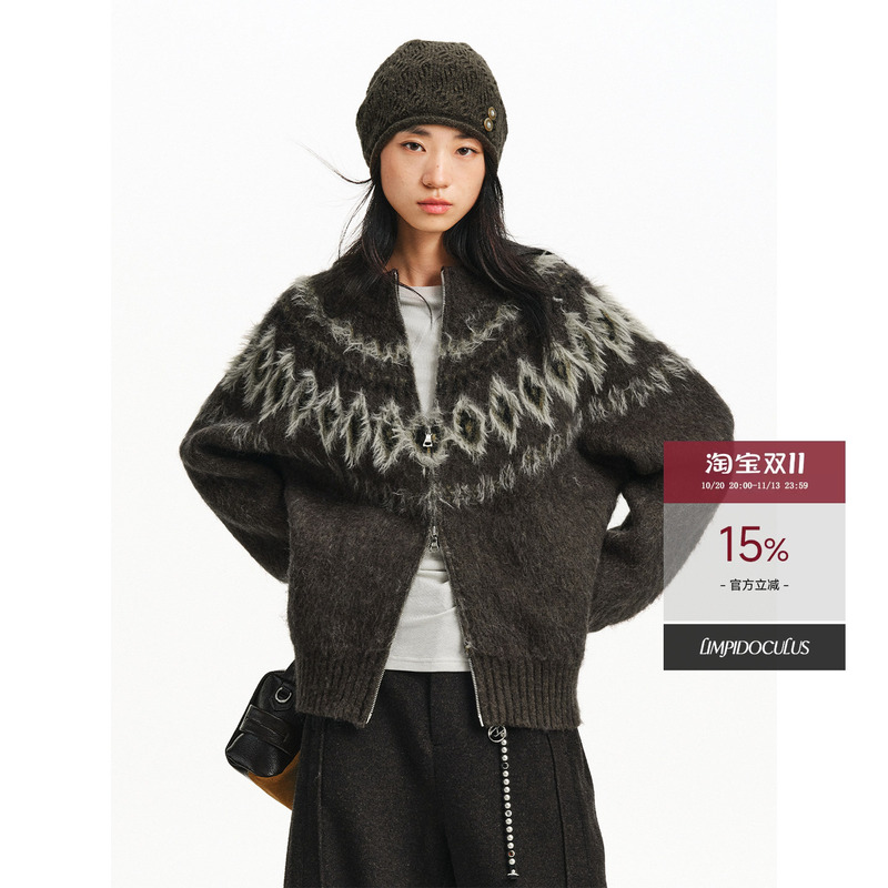 Limpidoculus Caramel Brown Jacquard Imitation Mink Wool Blend Fleece Fair Isle Cardigan Sweater Jacket Limpidoculus Caramel Brown Jacquard Imitation Mink Wool Blend Fleece Fair Isle Cardigan Sweater Jacket
