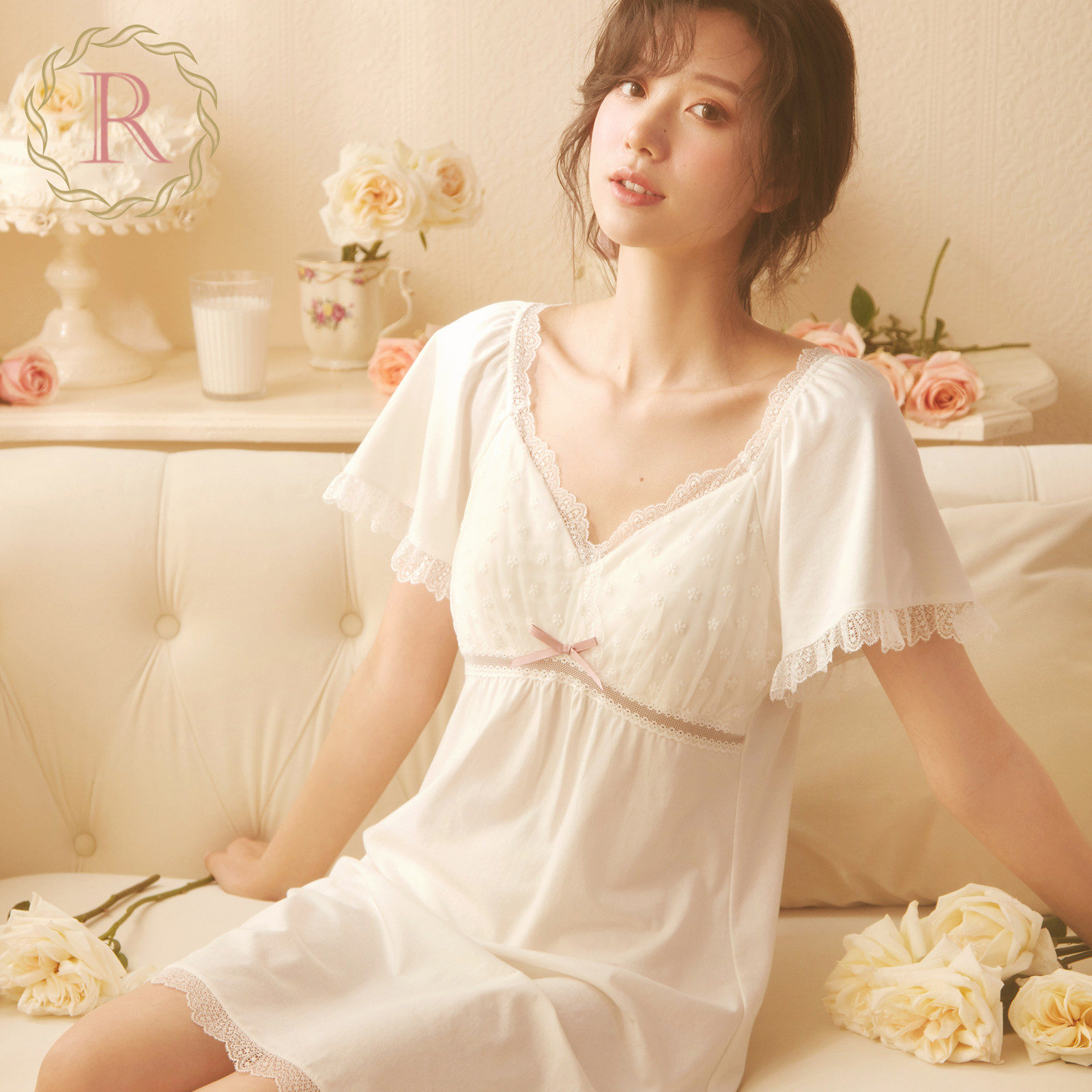 RoseTree court nightdress for women summer short sleeve lace cute sweet princess style sexy pajamas with chest pads
