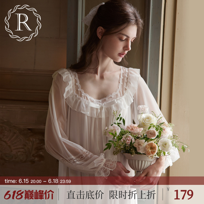 Rosetree Palace-Style Nightgown for Women, Spring and Autum Long-Sleeved French Exquisite Lace Ice Silk Pajamas 2026 New Style Rosetree Palace-Style Nightgown for Women, Spring and Autum Long-Sleeved French Exquisite Lace Ice Silk Pajamas 2026 New Style