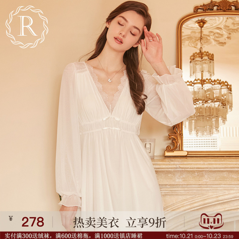 Rosetree French Nightgown Spring & Fall Women's Long-Sleeved Lace Sexy Pure Lust Palace Style High-End Pajamas with Breast Pads
