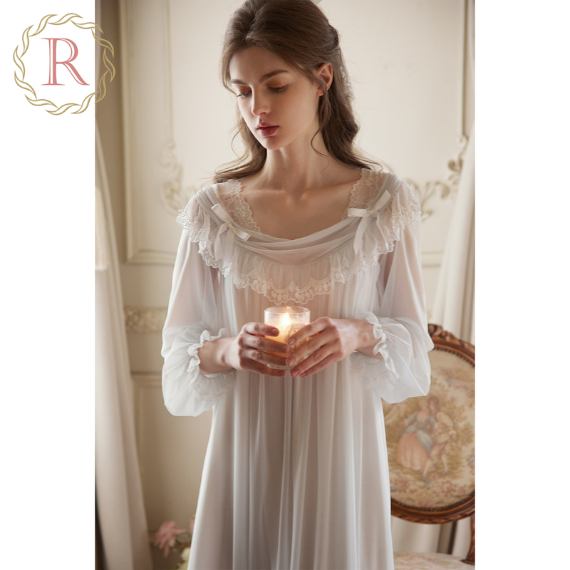 Rosetree Unique and Beautiful Nightgown for Women, Spring and Autum Long-Sleeved Lace French Palace Style Pajamas 2026 New Style