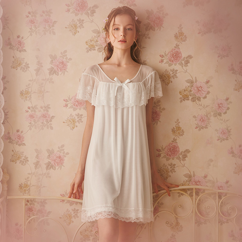 Rosetree retro palace pajamas female summer sexy princess lace nightgown short sleeve thin sweet home clothes