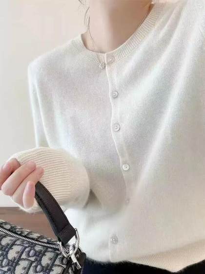 反季清仓100%纯羊毛开衫春秋女圆领毛衣外套宽松百搭羊绒针织外搭