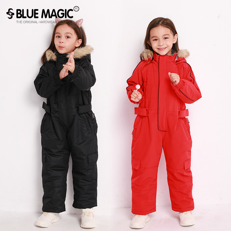 Red waterproof and windproof padded warm children's ski suit Ski pants set solid color simple one-piece ski suit