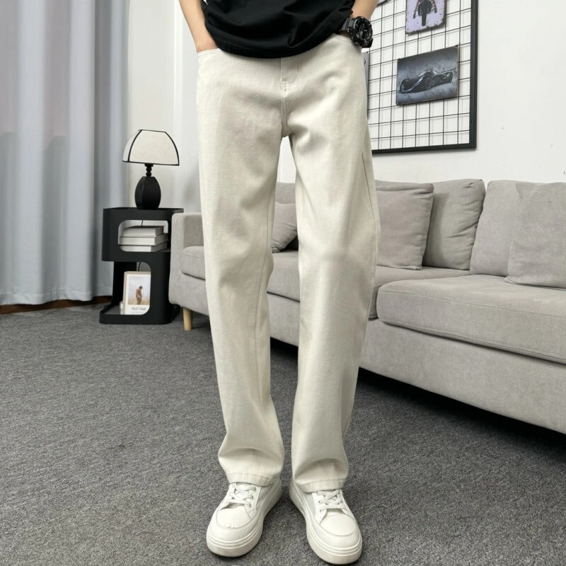 Clean in Summer, Off-White Jeans, Straight-Leg Pants, American Casual High Street Simple Versatile Jeans