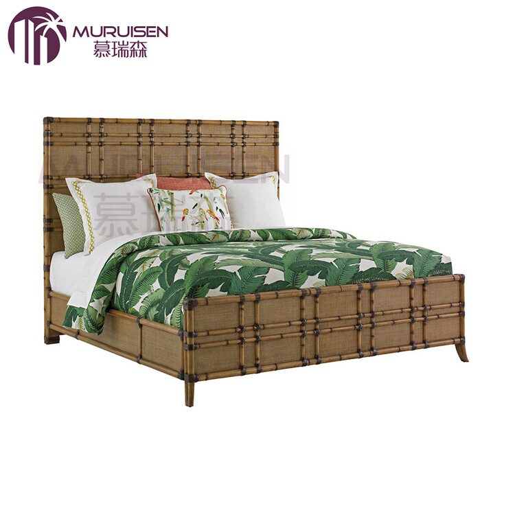 American light lavish garden style furniture custom classic brown solid wood 1 5 double bed 1 8 rattan with backrest bed-Taobao