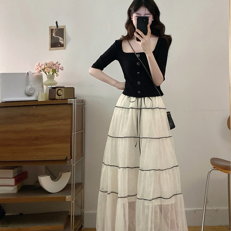 Plus Size Fat Girl Summer New Korean Style Small Fragrance Style Square Neck Short-Sleeved T-Shirt Lace Skirt Fashion Suit for Women