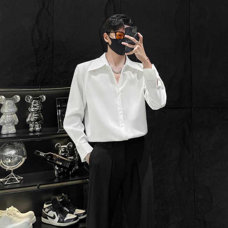 Homme Basic White Shirt with Large Pointed Collar for Men, Stylish and Loose-Fitting Long-Sleeve Shirt with Shoulder Pads, Versatile
