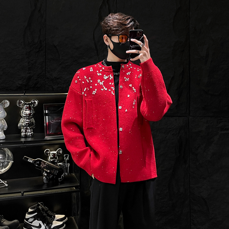 Homme New Year Red Niche Fine Sparkle Diamond-Encrusted Sweater Knit Cardigan Loose New Year Atmosphere Coat