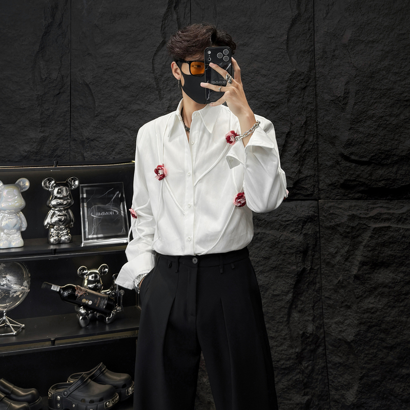 Homme Light Luxury Three-Dimensional Floral Long-Sleeve Shirt for Men with Deconstructed Line Design and High-End Shoulder Pads Homme Light Luxury Three-Dimensional Floral Long-Sleeve Shirt for Men with Deconstructed Line Design and High-End Shoulder Pads