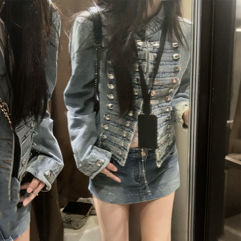 Autumn Vintage Korean Style Super Cool Heavy Metal Double-Breasted Short Napoleon Washed Denim Jacket for Women Autumn Vintage Korean Style Super Cool Heavy Metal Double-Breasted Short Napoleon Washed Denim Jacket for Women