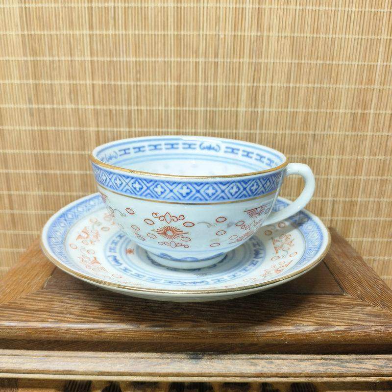 567老厂瓷青花玲珑中式风格大号扁耳茶杯景德镇手工矿物原料咖啡杯