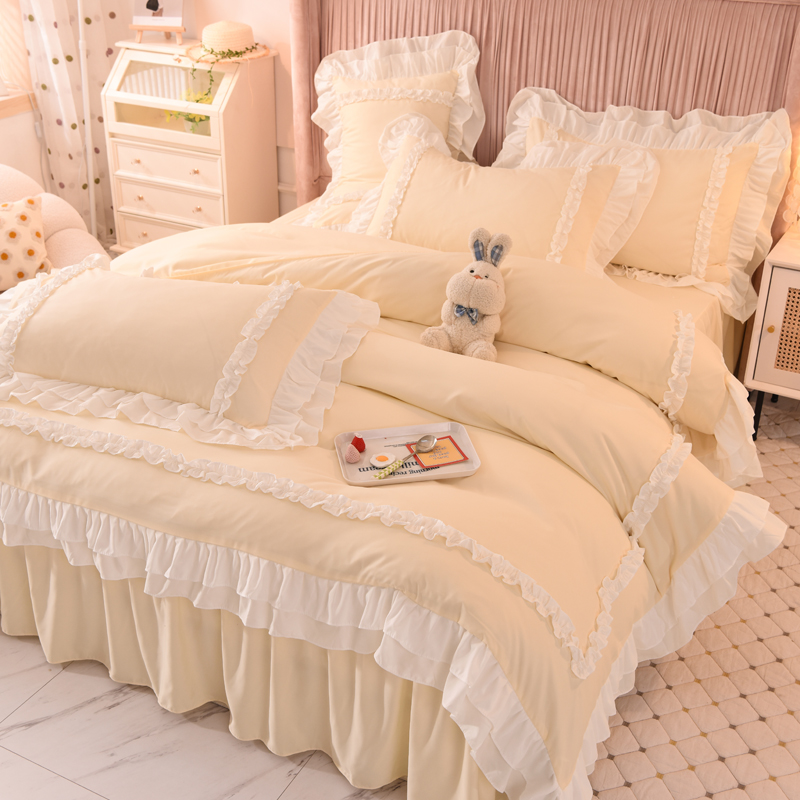 Fairy series double-layer lace thickened sanding bed skirt four-piece set simple washed cotton bed sheet quilt cover bed three-piece set