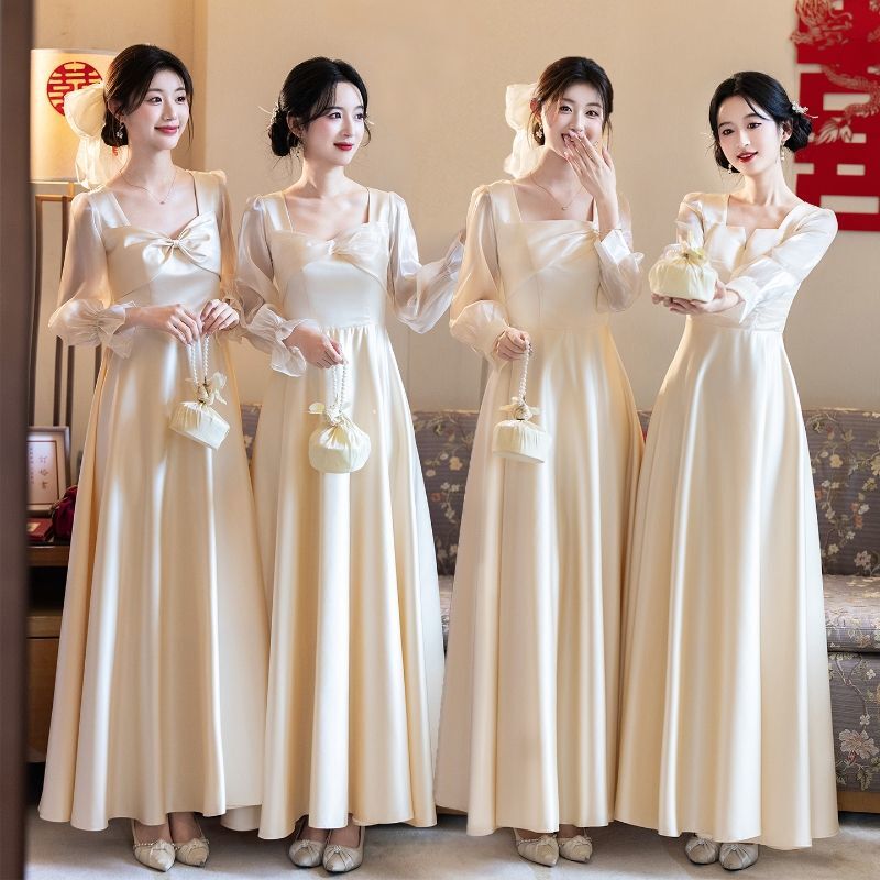 Champagne-Colored Bridesmaid Dress 2025 Winter New Style Sweet and Fresh High-End Sister Group Engagement Dress Long-Sleeved Dress for Women Champagne-Colored Bridesmaid Dress 2025 Winter New Style Sweet and Fresh High-End Sister Group Engagement Dress Long-Sleeved Dress for Women