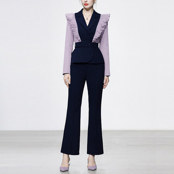 Autumn women's clothing 2022 new fashion temperament hit color small suit jacket navy blue flared pants pants suit tide
