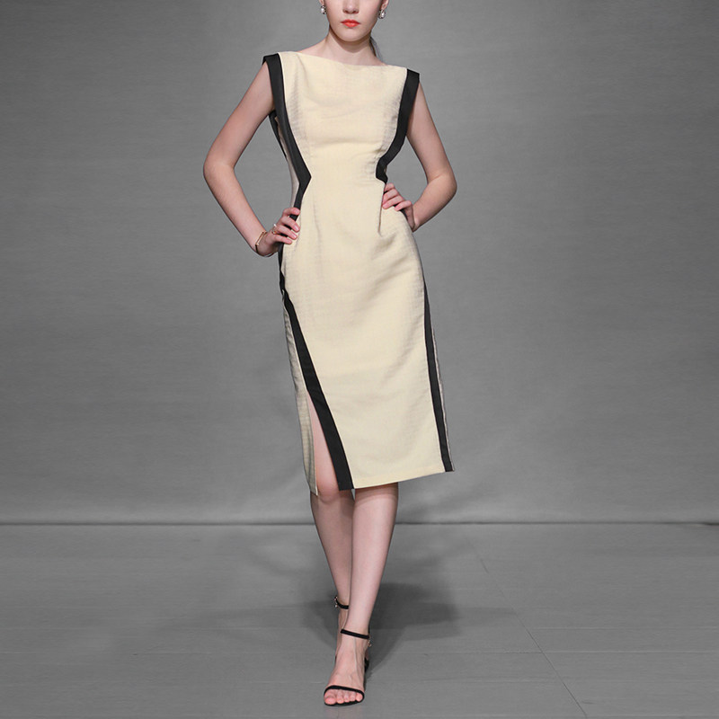 夏季气质名媛修身长裙收腰显瘦中长款拼色连衣裙女装夏装2017新款