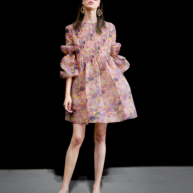 秋季气质名媛印花宽松裙子长袖显瘦中长款连衣裙女装秋装2017新款