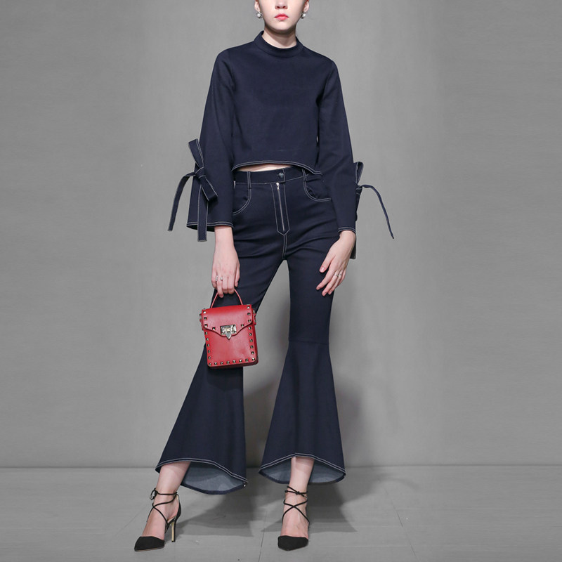 秋季时尚气质名媛休闲牛仔两件套上衣阔腿裤套装女装秋装2017新款