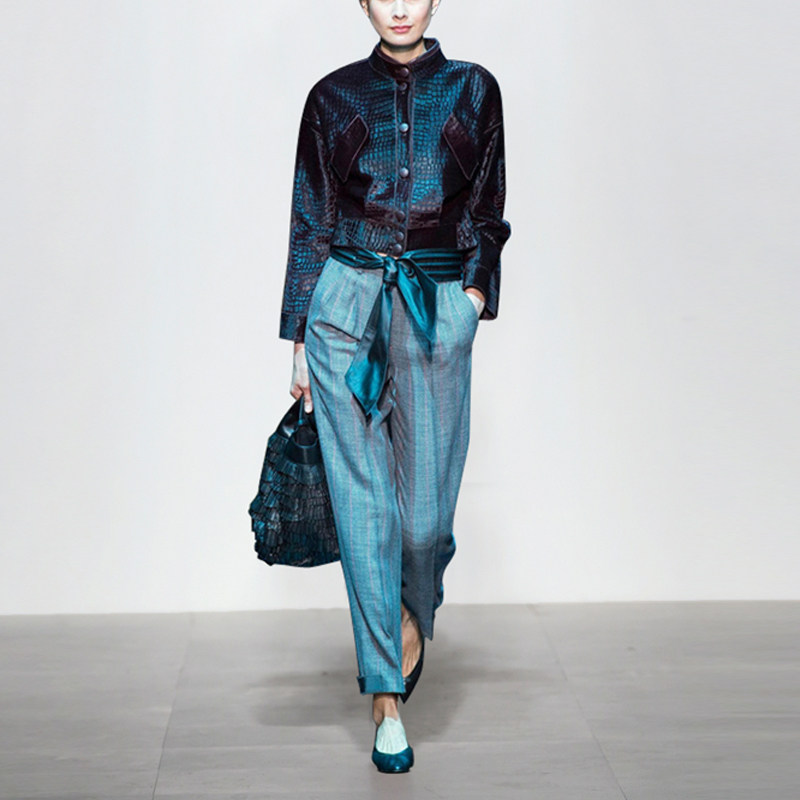 DF冬季气质休闲两件套PU皮外套阔腿裤套装女装冬装时尚潮2017新款