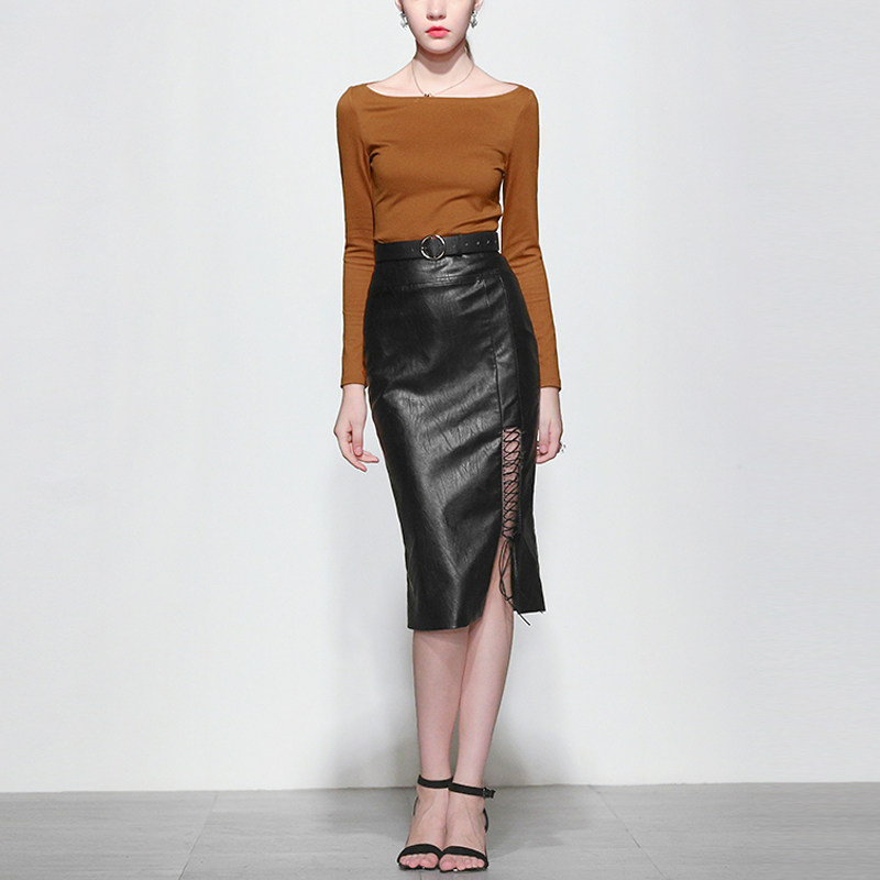 秋季气质名媛修身两件套上衣T恤包臀裙皮裙套装女装秋装2017新款