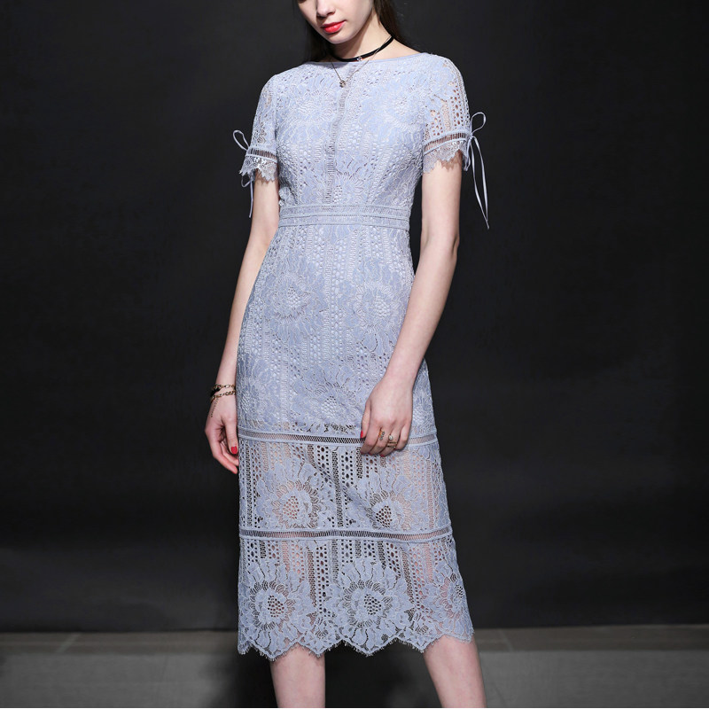 秋季气质名媛蕾丝长裙修身显瘦短袖中长款连衣裙2017秋装新款女装