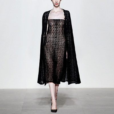 2017秋装新款女装欧美优雅抹胸收腰显瘦蕾丝连衣裙中长款披风外套