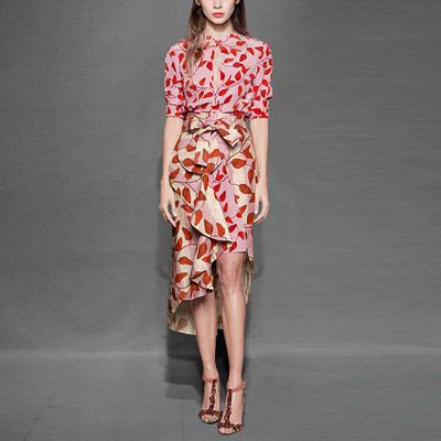 秋季时尚气质休闲修身两件套印花衬衫包臀裙套装女装秋装2017新款