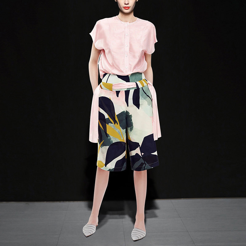 夏季休闲宽松短袖衬衫阔腿裤短裤套装女装时尚两件套2017新款夏装